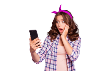 Beautiful attractive lady in casual checkered shirt with her style stylish trendy brunette wave curly modern hair she look at gadget make open mouth staring eyes isolated on vivid purple background
