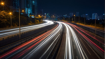 Obraz premium Urban Night Traffic Trails Long Exposure Lights on Overpass in City Center
