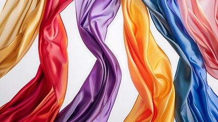 Lustrous strands of silky fabric in a variety of bold colors draped gracefully against a clean white backdrop, creating a stunning visual display.