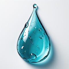 A single, teardrop-shaped water droplet with tiny bubbles, isolated on a white background.