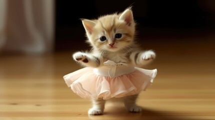 A tiny kitten in a pink tutu stands on a wooden floor, looking up with big, curious eyes.