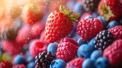 A vibrant mix of fresh berries, including strawberries, raspberries, blueberries, and blackberries, arranged in a close-up shot with a soft, glowing light. - Powered by Adobe