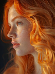 Close-up portrait of a young red-haired woman in soft light.
