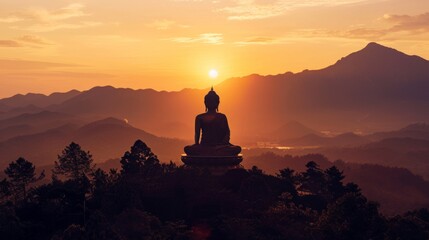 Fototapeta premium Buddha statue silhouette against a backdrop of mountains during sunset.