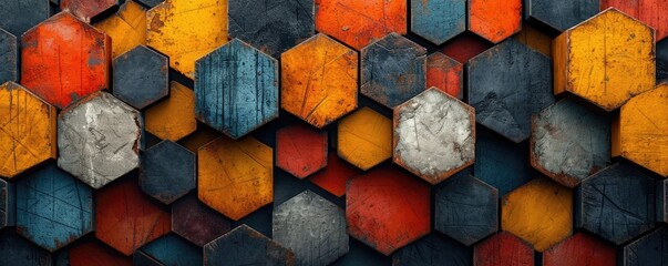 Abstract hexagonal pattern with colorful wooden tiles.
