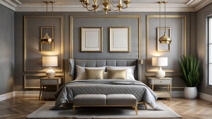 Elegant Bedroom – Gold Frames on Grey Wall: Two elegant gold frames on a grey wall above a sophisticated bed with white linens and plush cushions.
