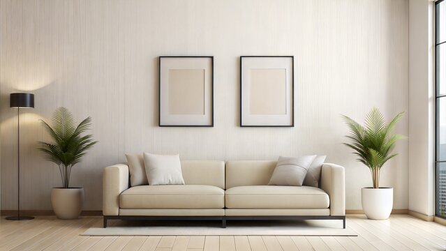 Modern Living Room – Black Frames on White Wall: Two sleek black frames hung on a white wall, with a cozy living room setting featuring a beige sofa and minimalist decor.
