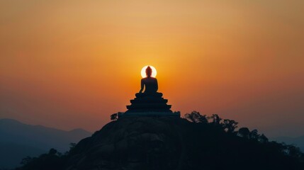 Fototapeta premium Buddha statue silhouette on top of a hill with the sun setting behind.