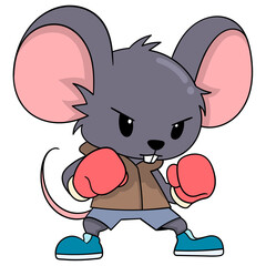 skinny mouse playing boxing, ready to throw a hard punch