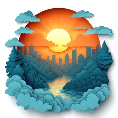 Paper cut-out illustration of a city skyline with a river and forest at sunset.  The image is surrounded by clouds.