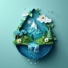 Paper cut-out landscape with mountain, forest, river and waterfall inside a water drop.