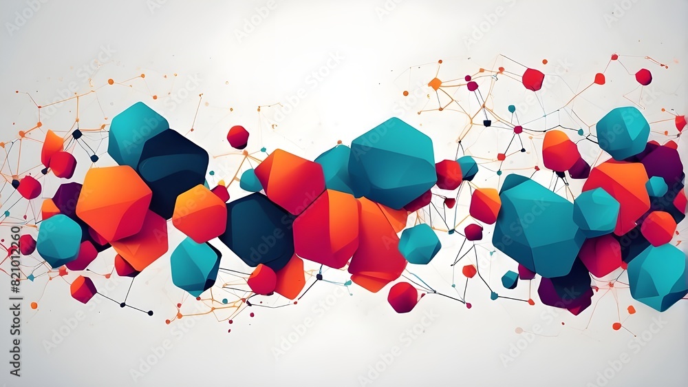 Poster banner featuring abstract molecules with lines, shapes, and polygons. network background with vector