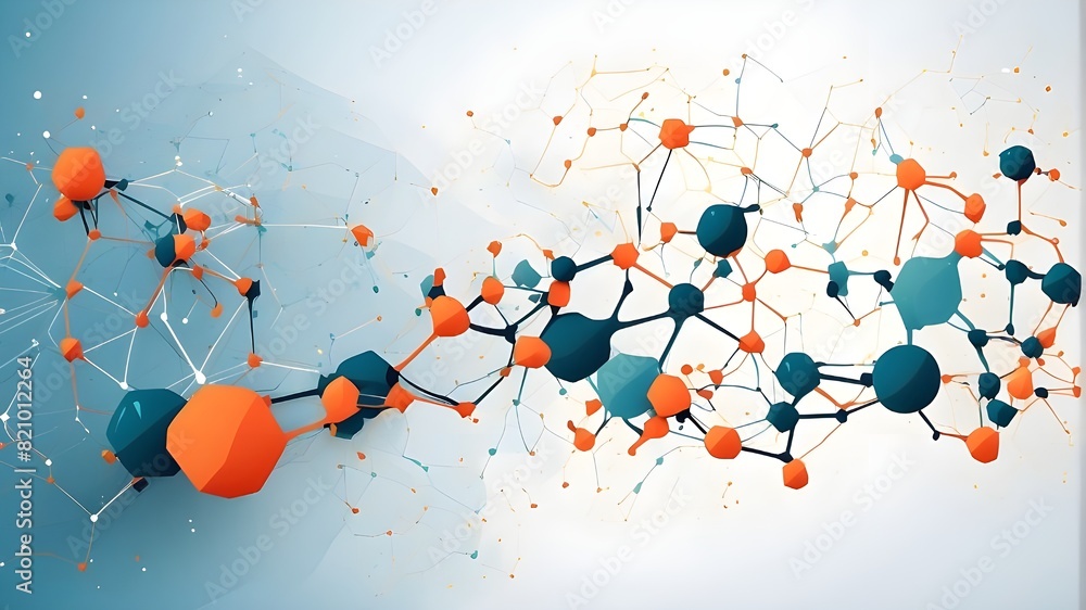 Poster banner featuring abstract molecules with lines, shapes, and polygons. network background with vector