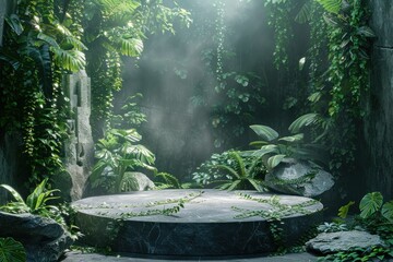 The ancient stone pedestal stands in the middle of a lush jungle. Plants and vines have grown over the pedestal, creating a mystical and overgrown atmosphere.