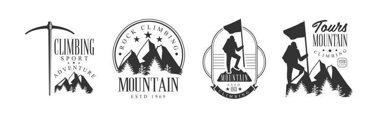 Mountain Climbing Extreme Adventure Tour Black And White Sign Design Template Vector Set