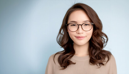 Obraz premium テキスト用のスペースと白い背景に分離された、巻き髪で笑みを浮かべたメガネの女性