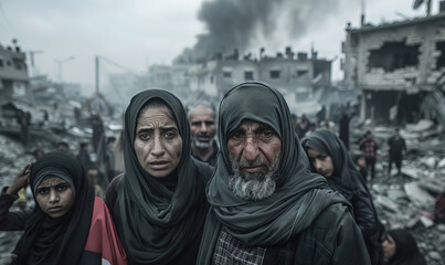 Palestinian arab people women and men and child are standing against a background of thick black smoke in destroyed city. Middle Eastern conflict 