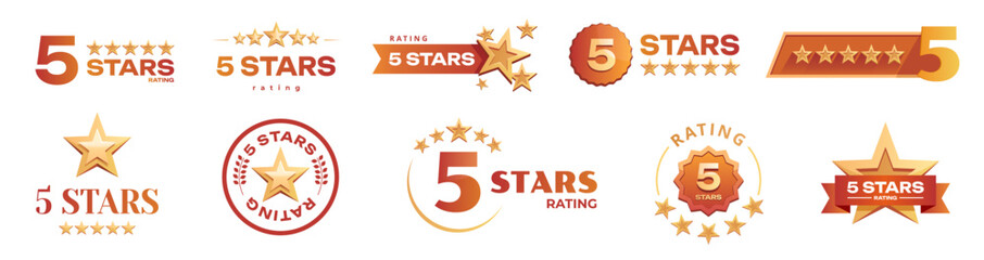 Golden Five stars logo template set. 5 star rating emblems set