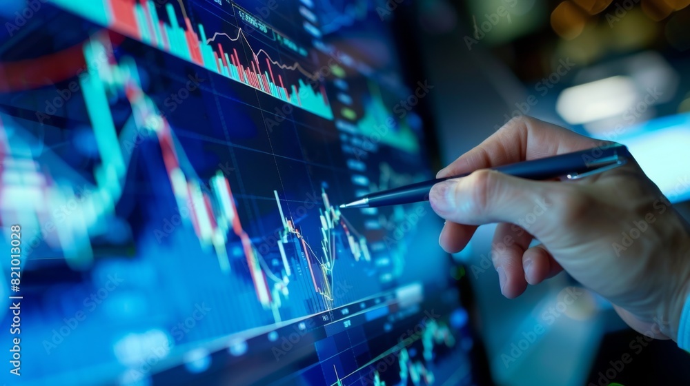Aufkleber businessman holding a pen and pointing at a large stock chart displayed on a digital board.