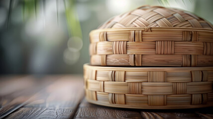 Close-up of a bamboo steamer basket on a wooden table.