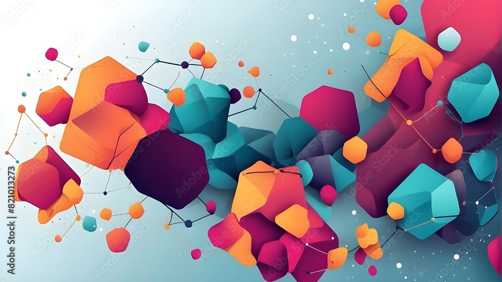 Poster banner featuring abstract molecules with lines, shapes, and polygons. network background with vector