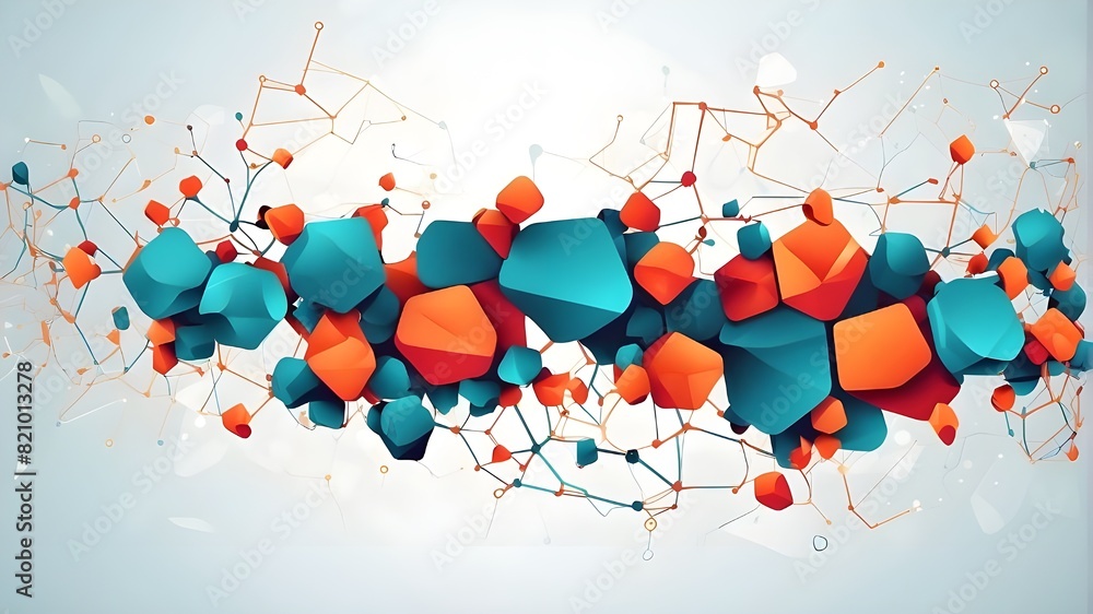 Poster banner featuring abstract molecules with lines, shapes, and polygons. network background with vector