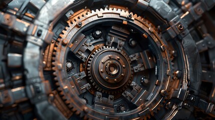 Closeup of the gear portal in an industrial engine, with visible gears and machinery, creating an immersive atmosphere.
