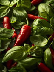 Red peppers and basil leaves with droplets of water.