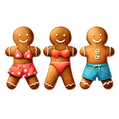 An illustration for Christmas in July, rendered in watercolor style, Gingerbread men with beachwear.