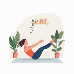 Young woman does pilates at home.Flat style cartoon vector illustration.