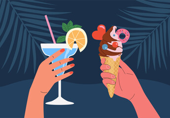 Human hands with tropical cocktail and ice cream. Vector flat style cartoon illustration