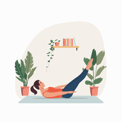 Young woman does pilates at home.Flat style cartoon vector illustration.