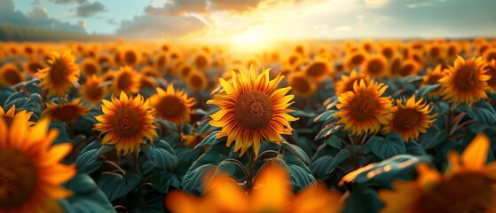 Blooming sunflower field at eye level, emphasizing the vibrant colors and detailed textures in a realistic oil painting