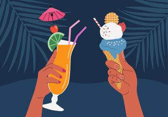 Human hands with tropical cocktail and ice cream. Vector flat style cartoon illustration