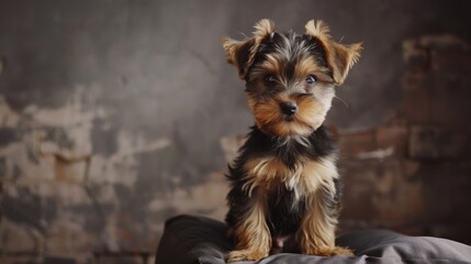 Charming yorkshire terrier puppy sitting on a cushion, looking adorable.