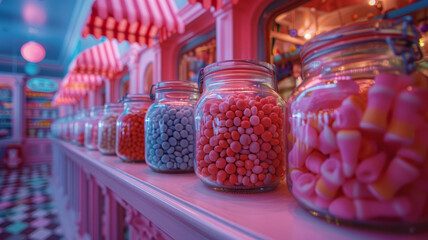 Row of colorful candy jars in a retro-style sweet shop.