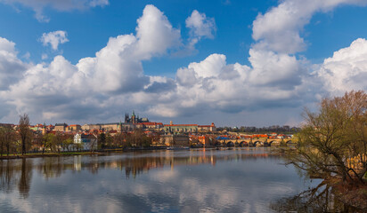 The Vltava River in the center of the Czech Republic near the Charles Bridge on a cloudy spring day
