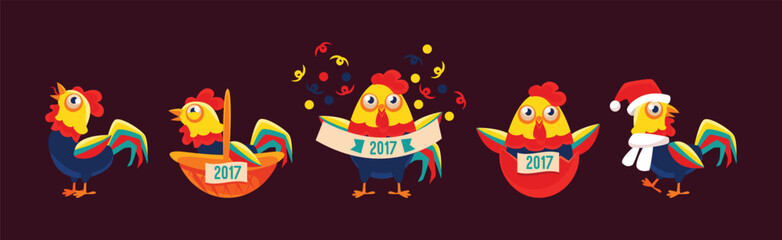 Roosters and Cockerel Poultry and Farm Bird Symbol of Year Vector Set