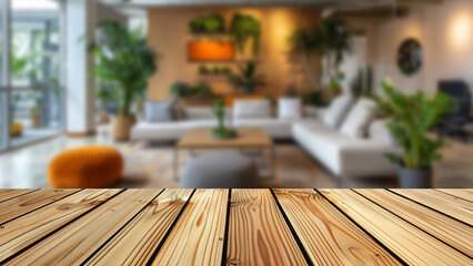 Office advertising space on a wooden table with a blurred background of a sleek, modern office meeting area.