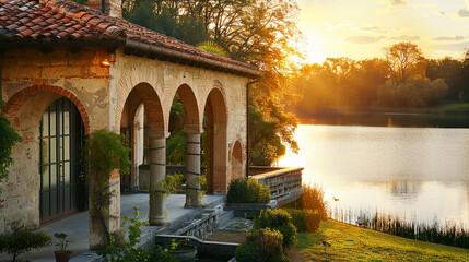 A charming stone villa overlooking a tranquil lake, its graceful archways and terracotta roof tiles bathed in golden sunlight. - Powered by Adobe