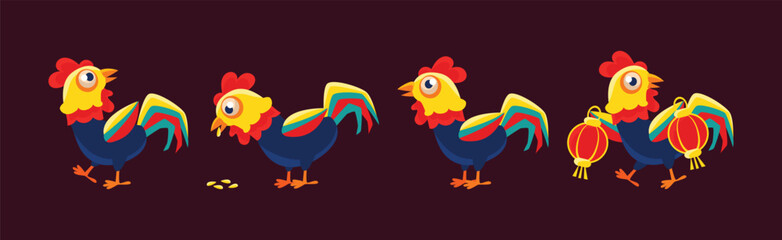 Roosters and Cockerel Poultry and Farm Bird Symbol of Year Vector Set