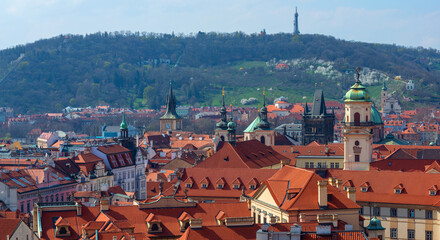 View of the roofs of the old district of the capital of the Czech Republic, Prague, on a spring day
