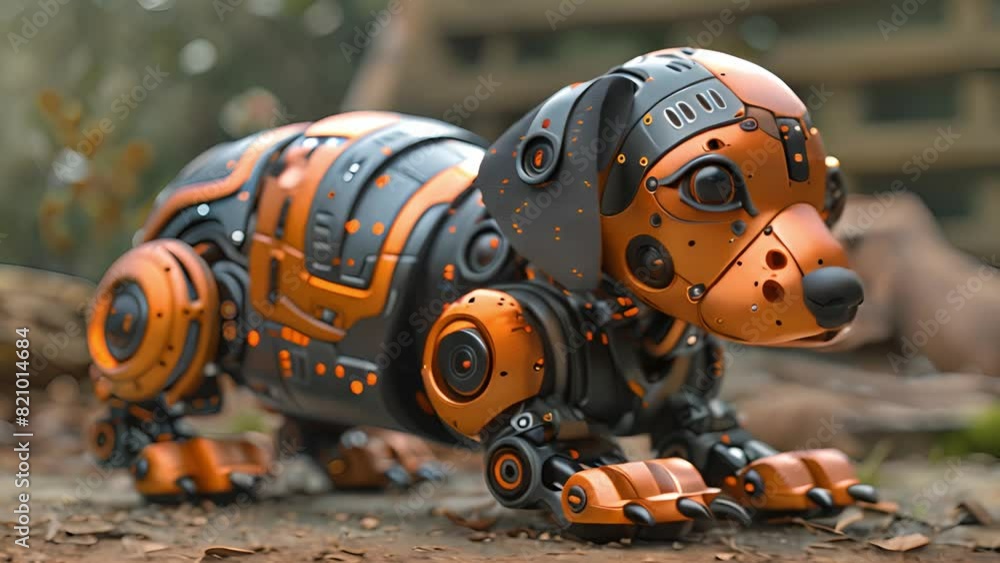 Poster this orange and black robot dog in a standing position on the ground.