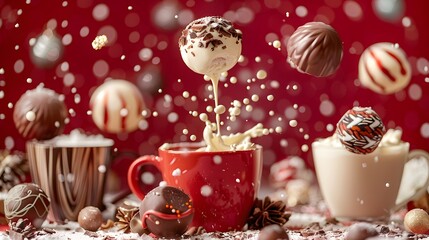 Hot chocolate bombs in various shapes and flavors, being dropped into mugs of hot milk, with a festive background, perfect for a holiday