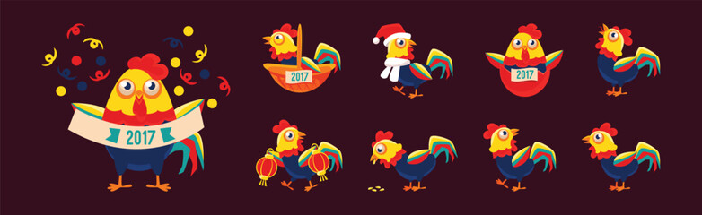 Roosters and Cockerel Poultry and Farm Bird Symbol of Year Vector Set