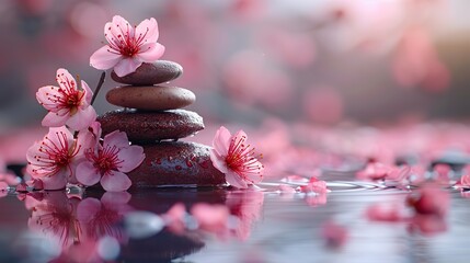 zen stones water and japanese cherry blossoms on pink background witn copy space wellness and harmony massage and bodycare spa.stock photo