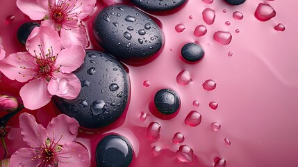 zen stones water and japanese cherry blossoms on pink background witn copy space wellness and harmony massage and bodycare spa.stock image