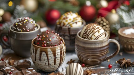 Hot chocolate bombs in various shapes and flavors, being dropped into mugs of hot milk, with a festive background, perfect for a holiday