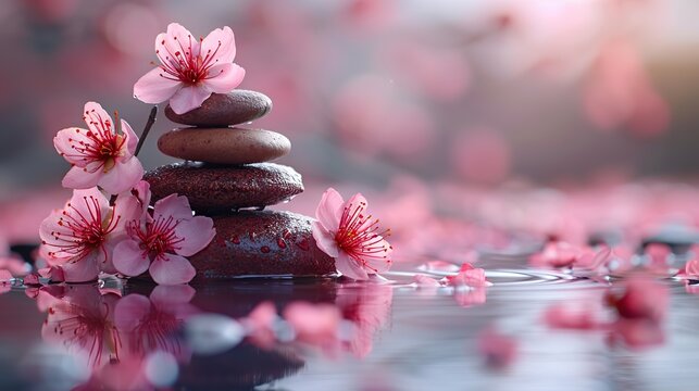 zen stones water and japanese cherry blossoms on pink background witn copy space wellness and harmony massage and bodycare spa.stock photo