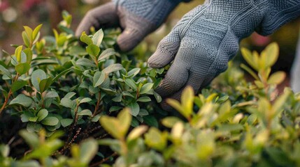 Hands in gloves tending to green plants in garden.